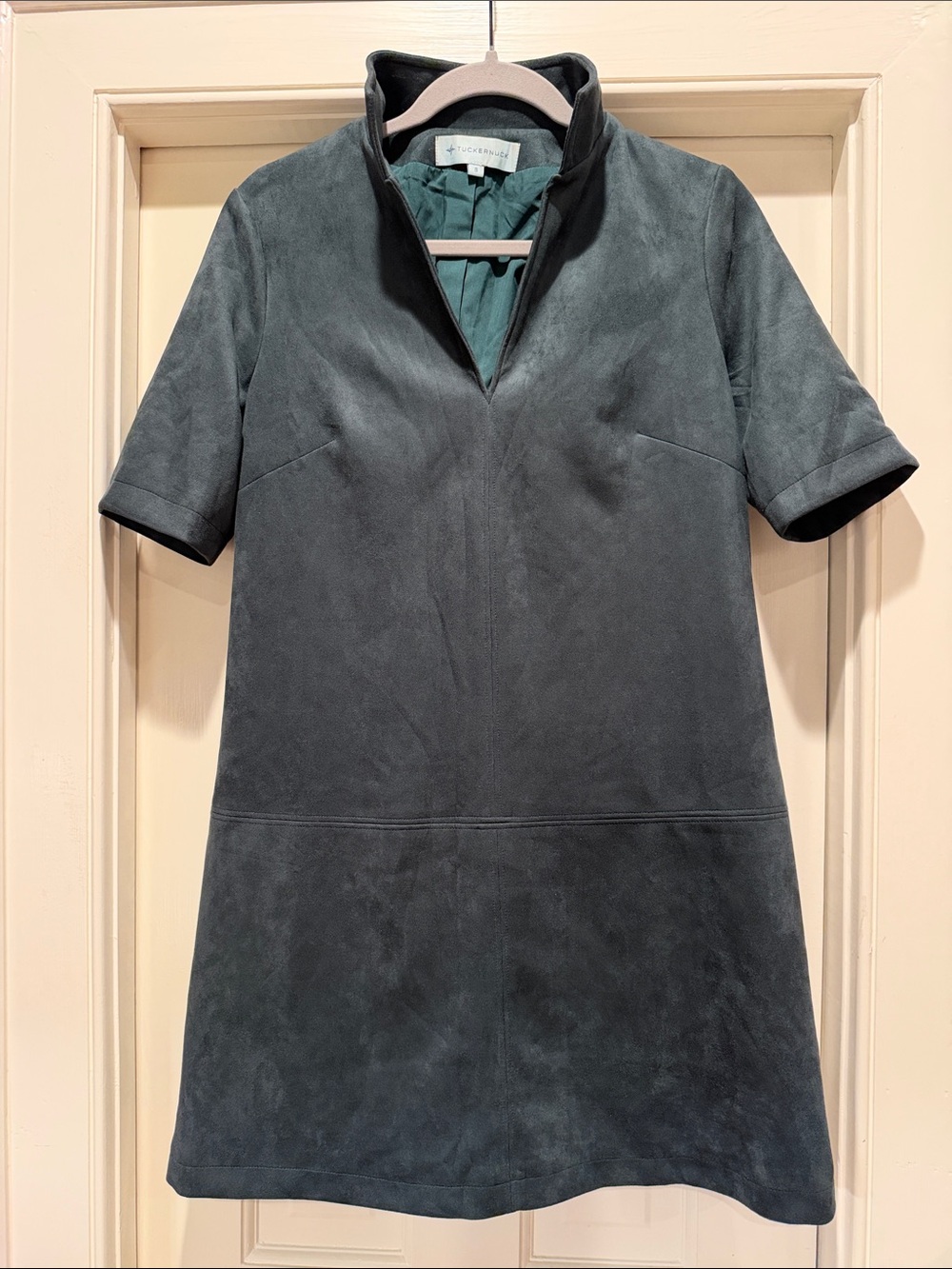 Suede Short-Sleeve A-Line Dress in Deep Green
